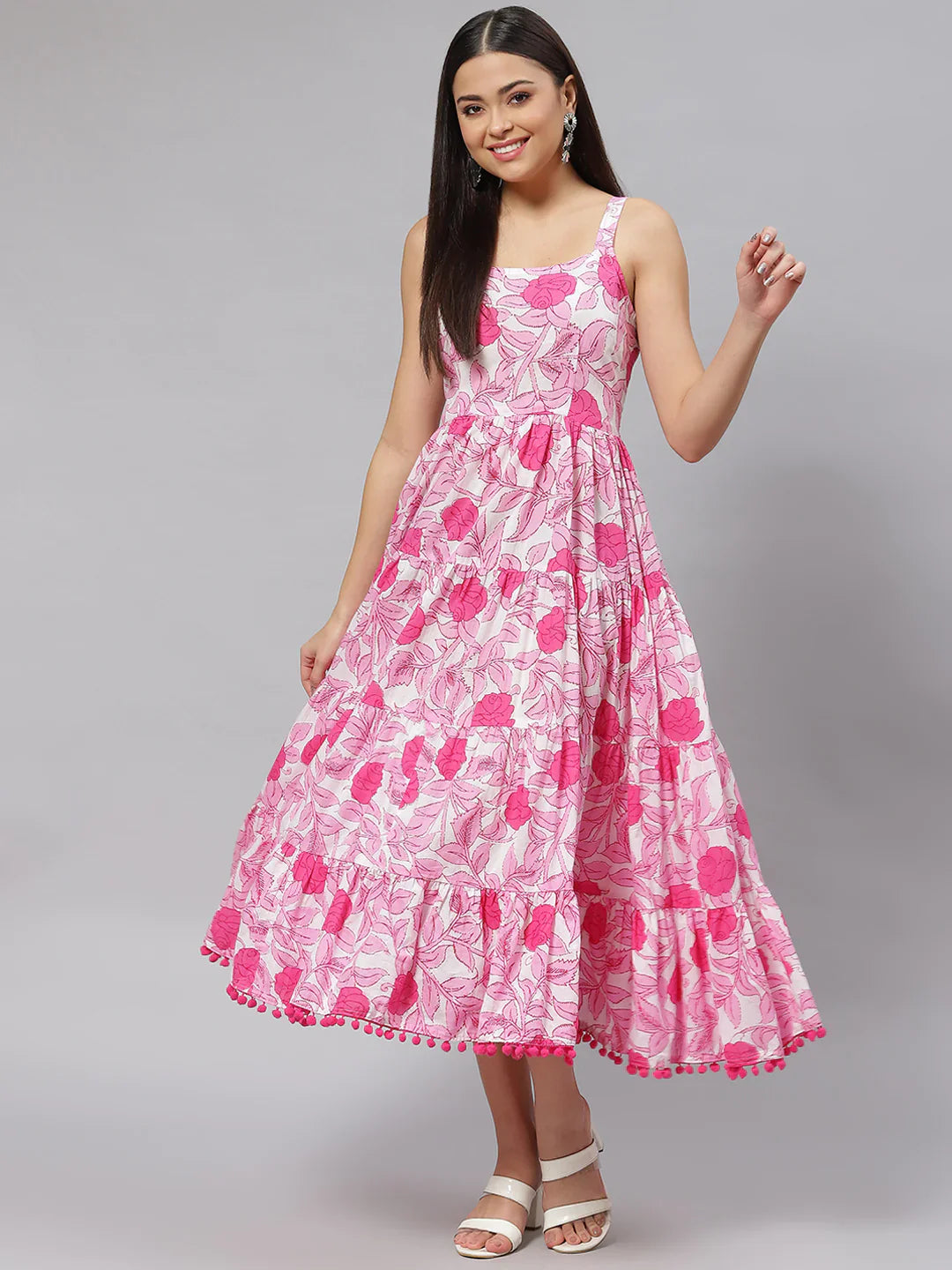 White & Pink Floral Shoulder Strip Long Dress