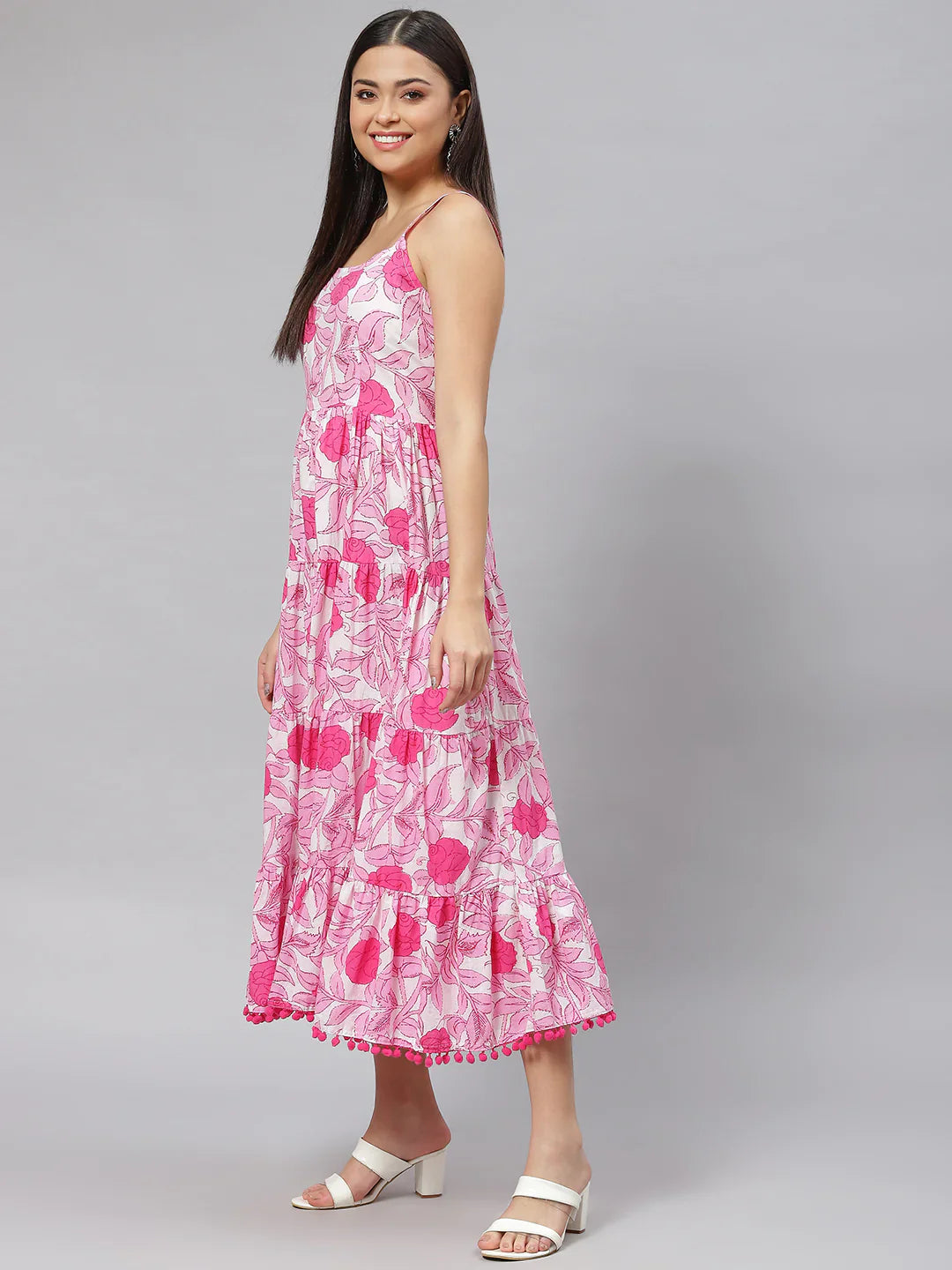 White & Pink Floral Shoulder Strip Long Dress