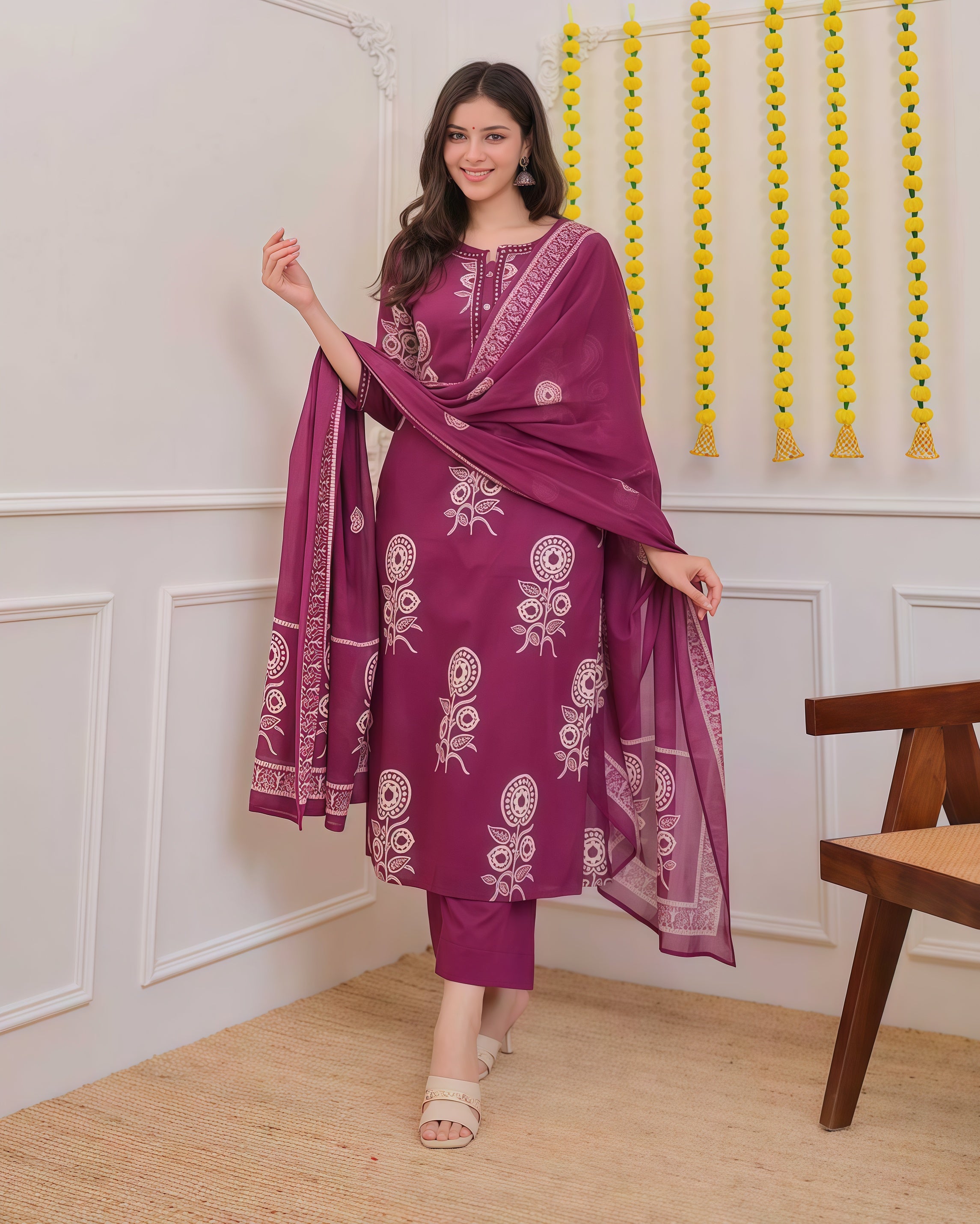Women Floral Printed Regular Kurta with Trousers & With Dupatta
