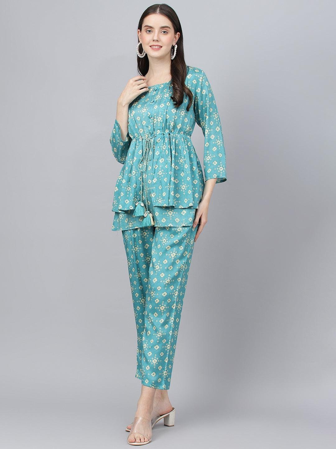 Bandhani Teal Muslin Three Piece Top Pant Set with Peplum Jecket