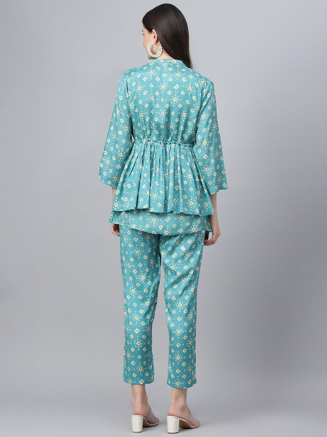 Bandhani Teal Muslin Three Piece Top Pant Set with Peplum Jecket