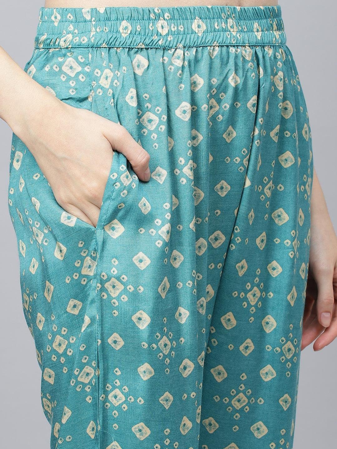 Bandhani Teal Muslin Three Piece Top Pant Set with Peplum Jecket