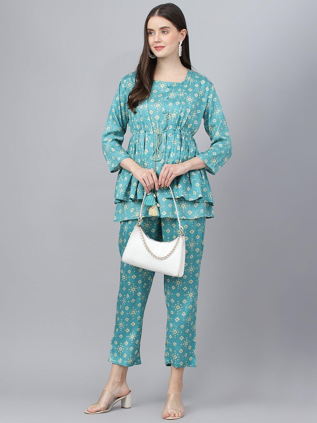 Bandhani Teal Muslin Three Piece Top Pant Set with Peplum Jecket