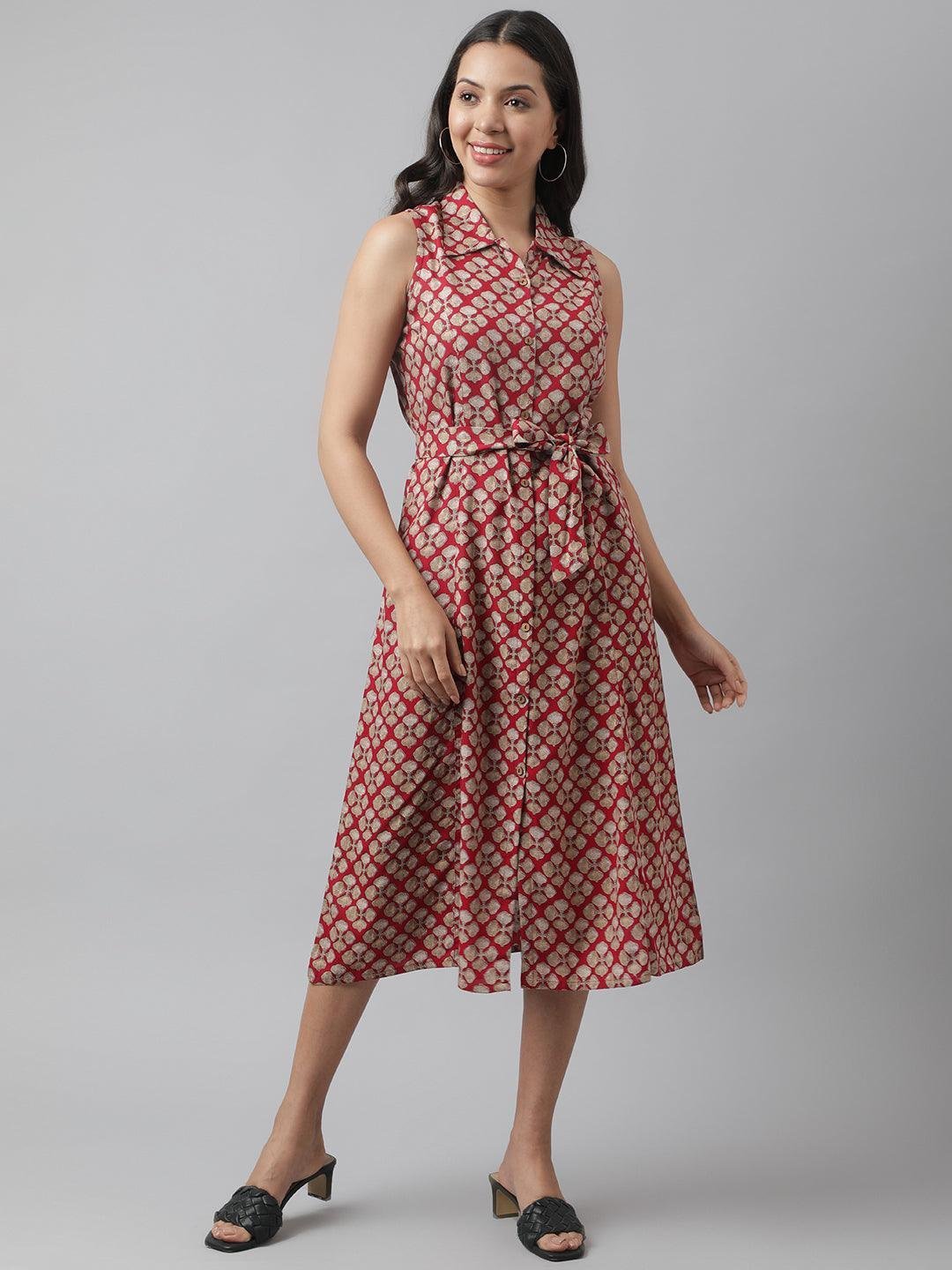 Rayon Maroon A-Line Floral Printed Midi Dress