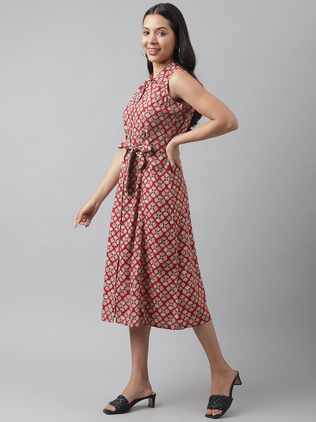 Rayon Maroon A-Line Floral Printed Midi Dress