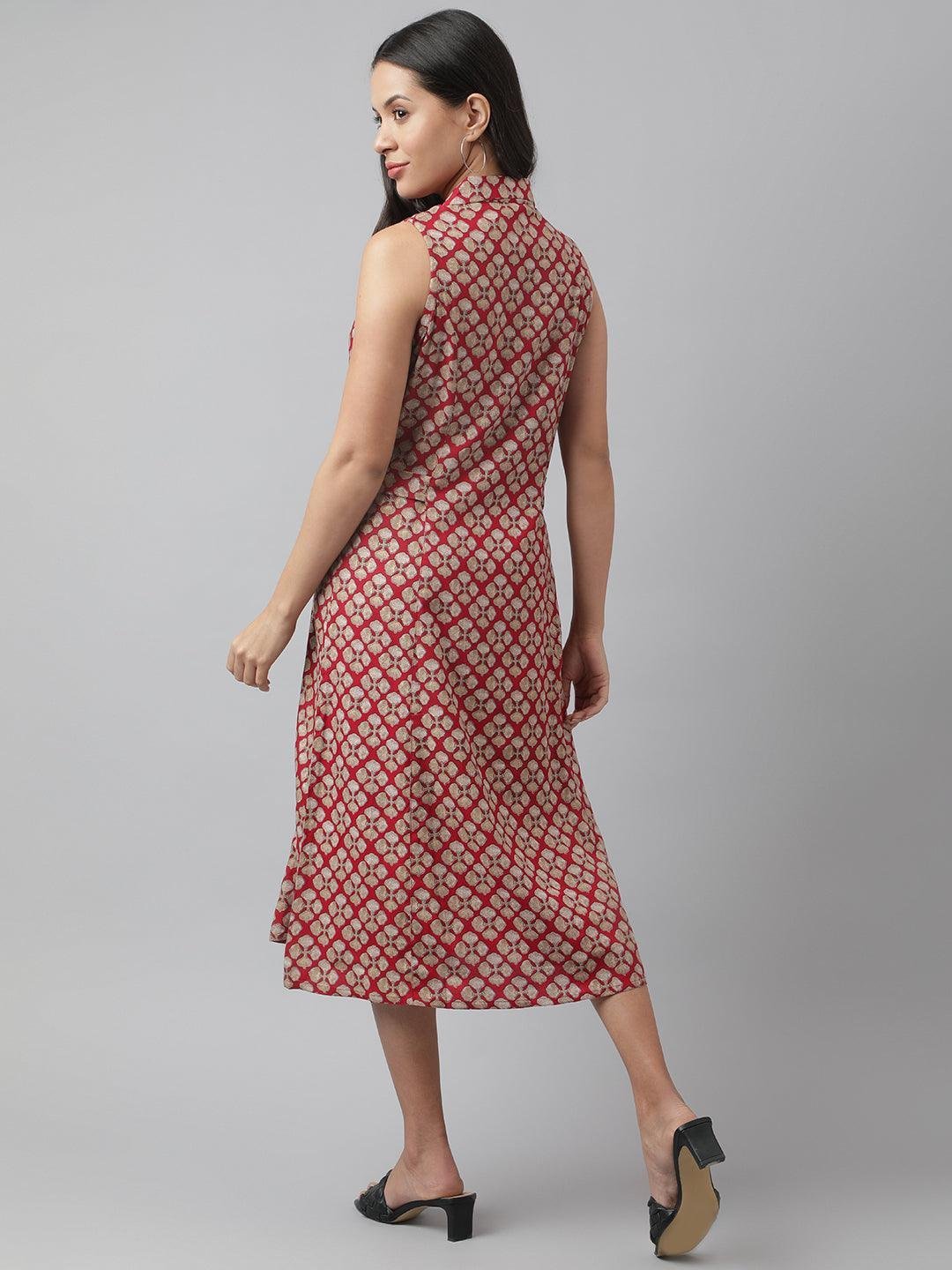 Rayon Maroon A-Line Floral Printed Midi Dress