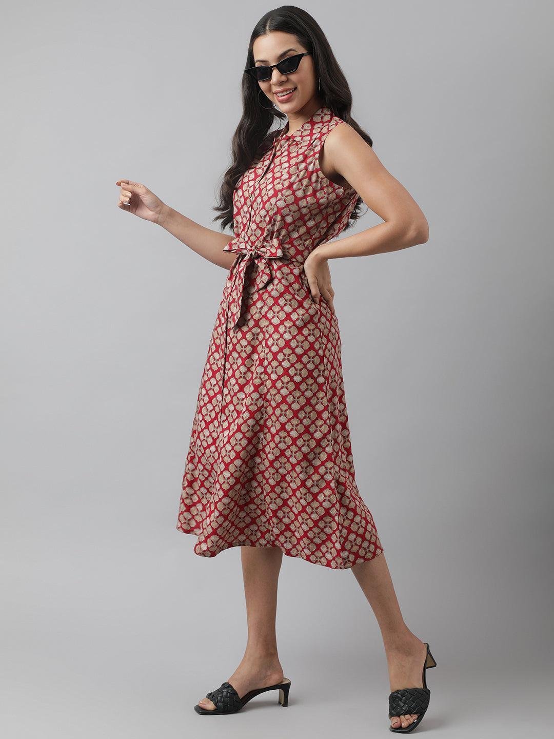 Rayon Maroon A-Line Floral Printed Midi Dress