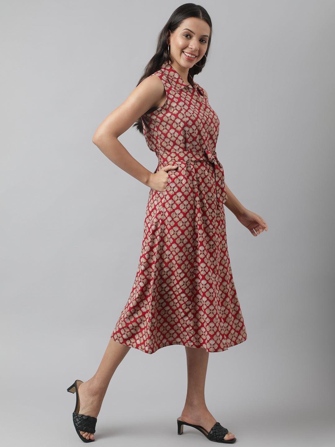 Rayon Maroon A-Line Floral Printed Midi Dress