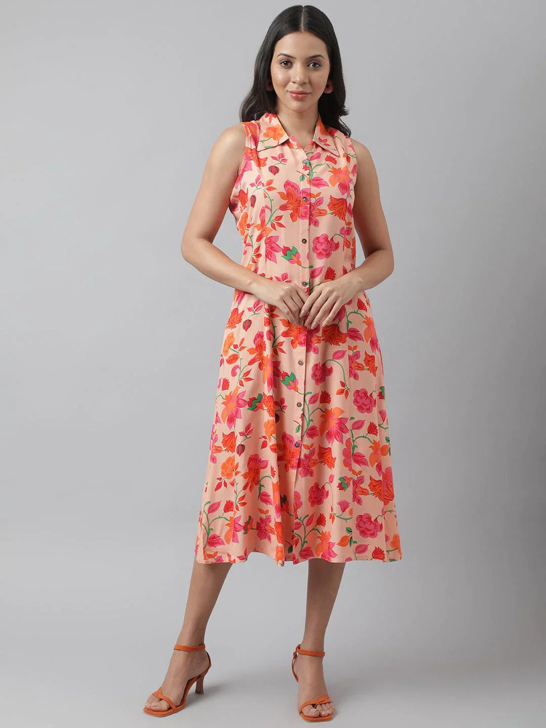 Rayon Peach A-Line Floral Printed Midi Dress