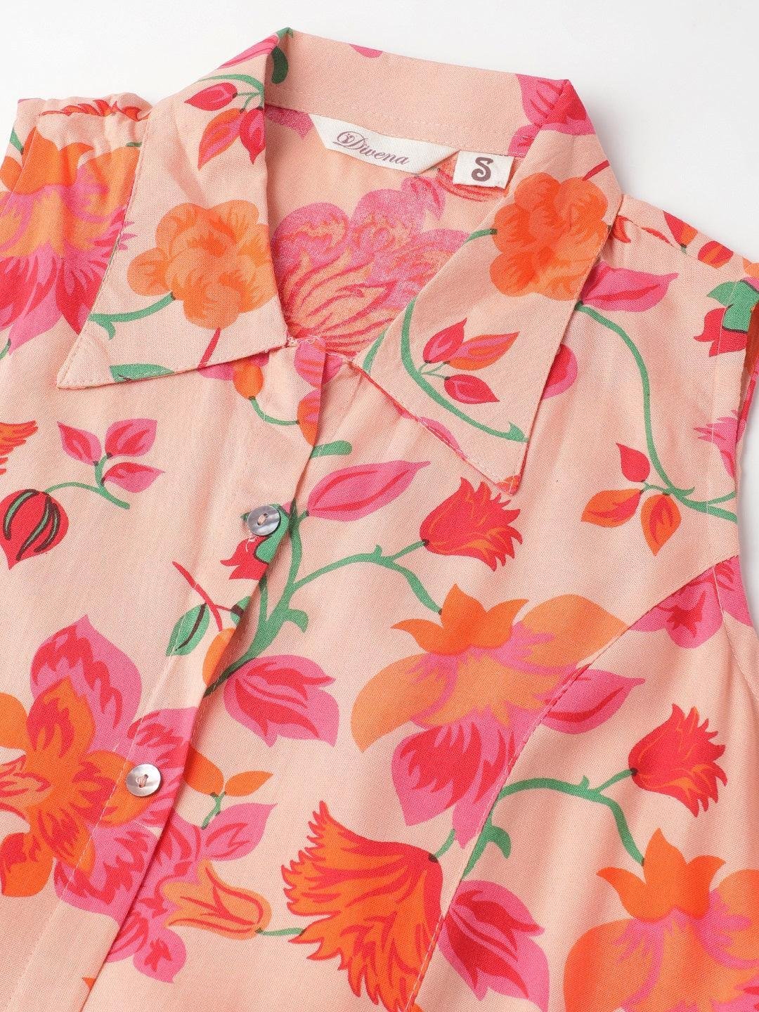 Rayon Peach A-Line Floral Printed Midi Dress