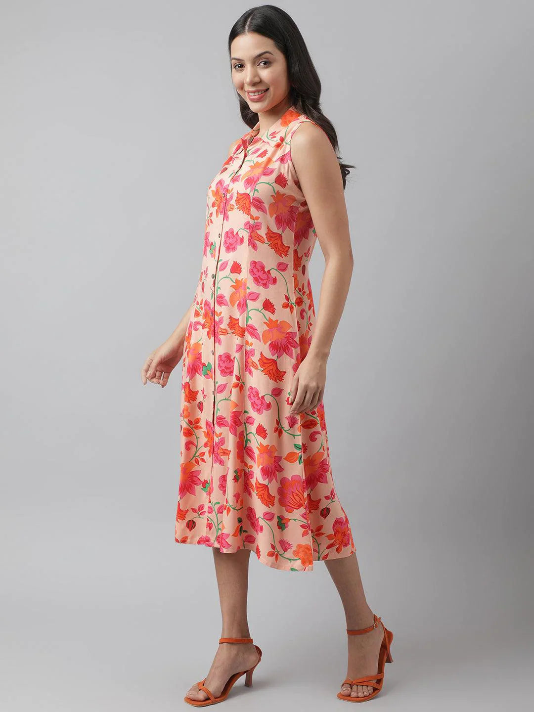 Rayon Peach A-Line Floral Printed Midi Dress