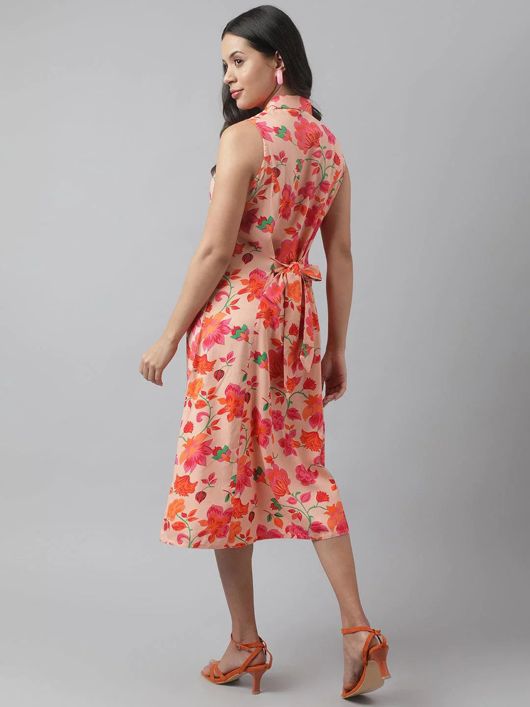 Rayon Peach A-Line Floral Printed Midi Dress