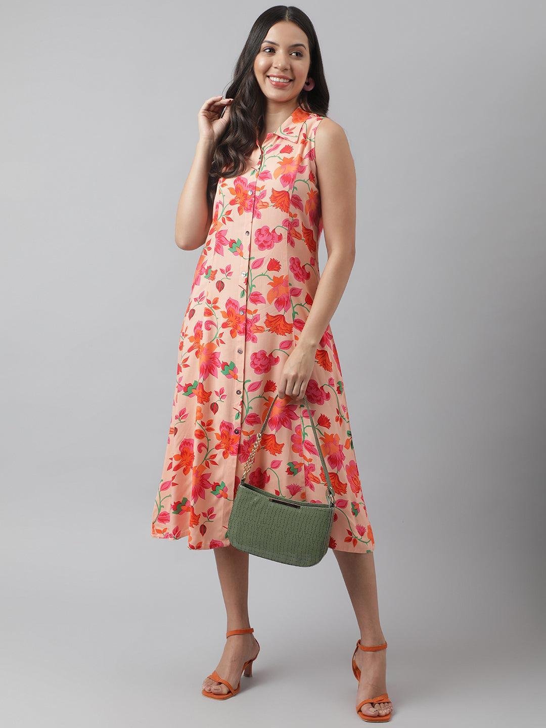 Rayon Peach A-Line Floral Printed Midi Dress
