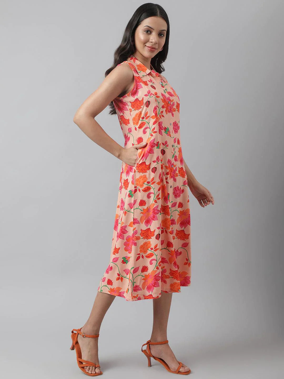 Rayon Peach A-Line Floral Printed Midi Dress