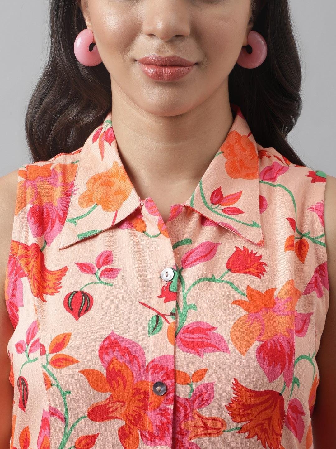 Rayon Peach A-Line Floral Printed Midi Dress