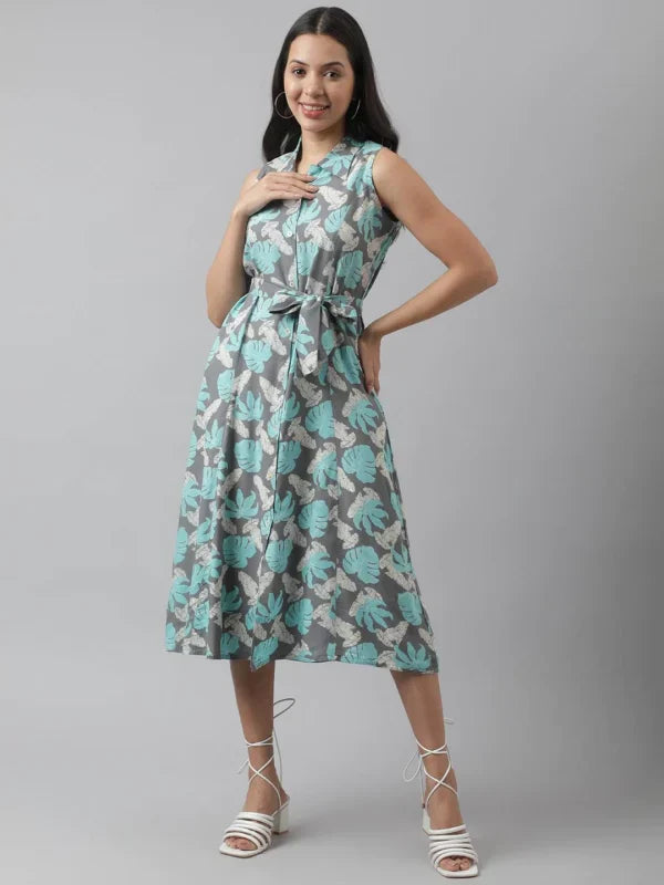 Rayon Grey A-Line Floral Printed Midi Dress