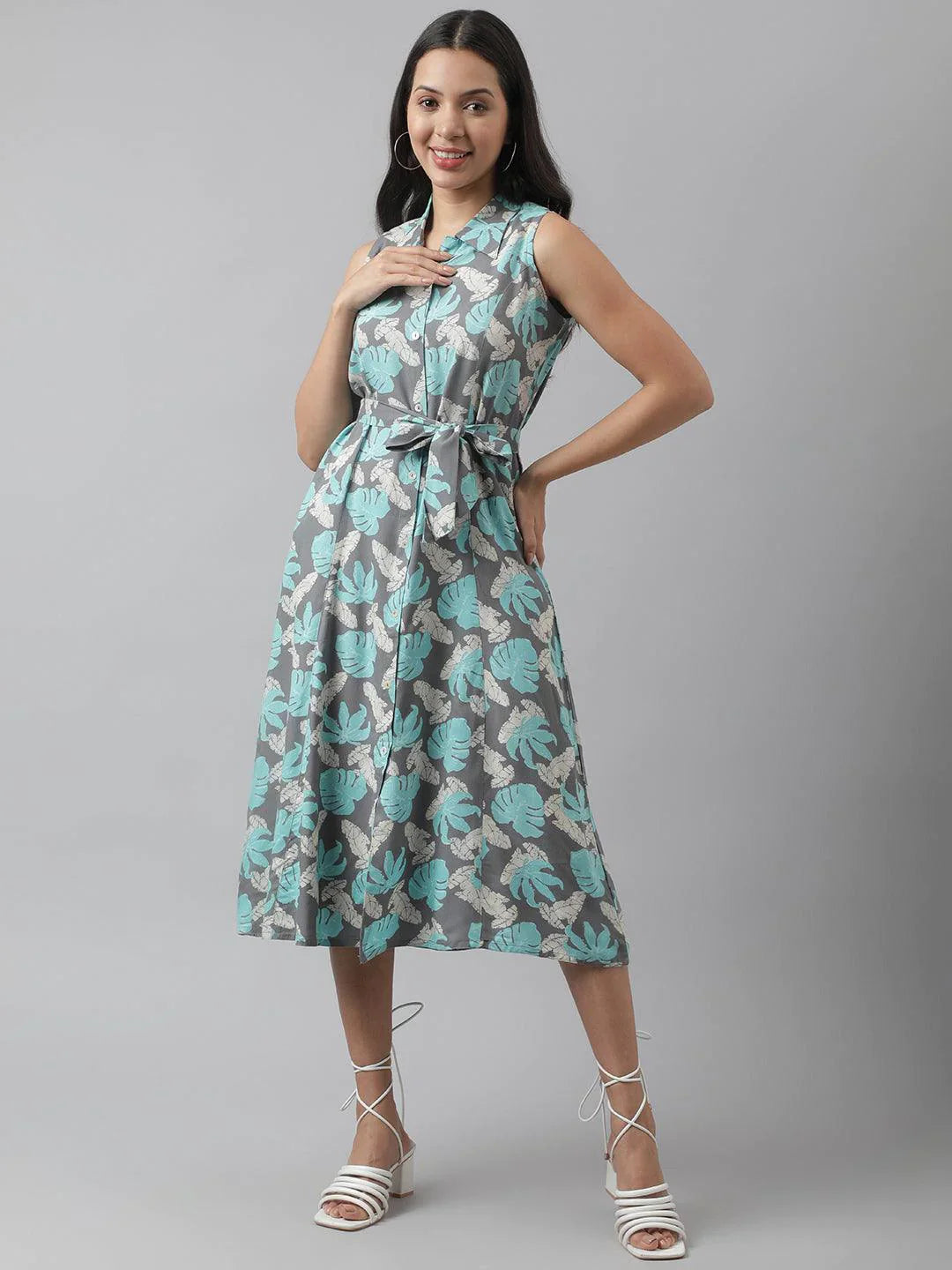 Rayon Grey A-Line Floral Printed Midi Dress