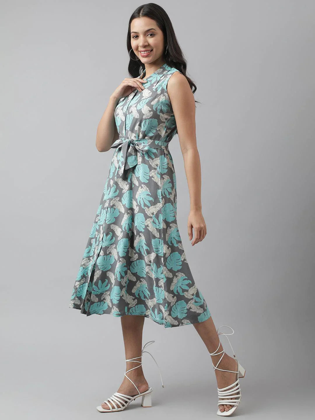 Rayon Grey A-Line Floral Printed Midi Dress