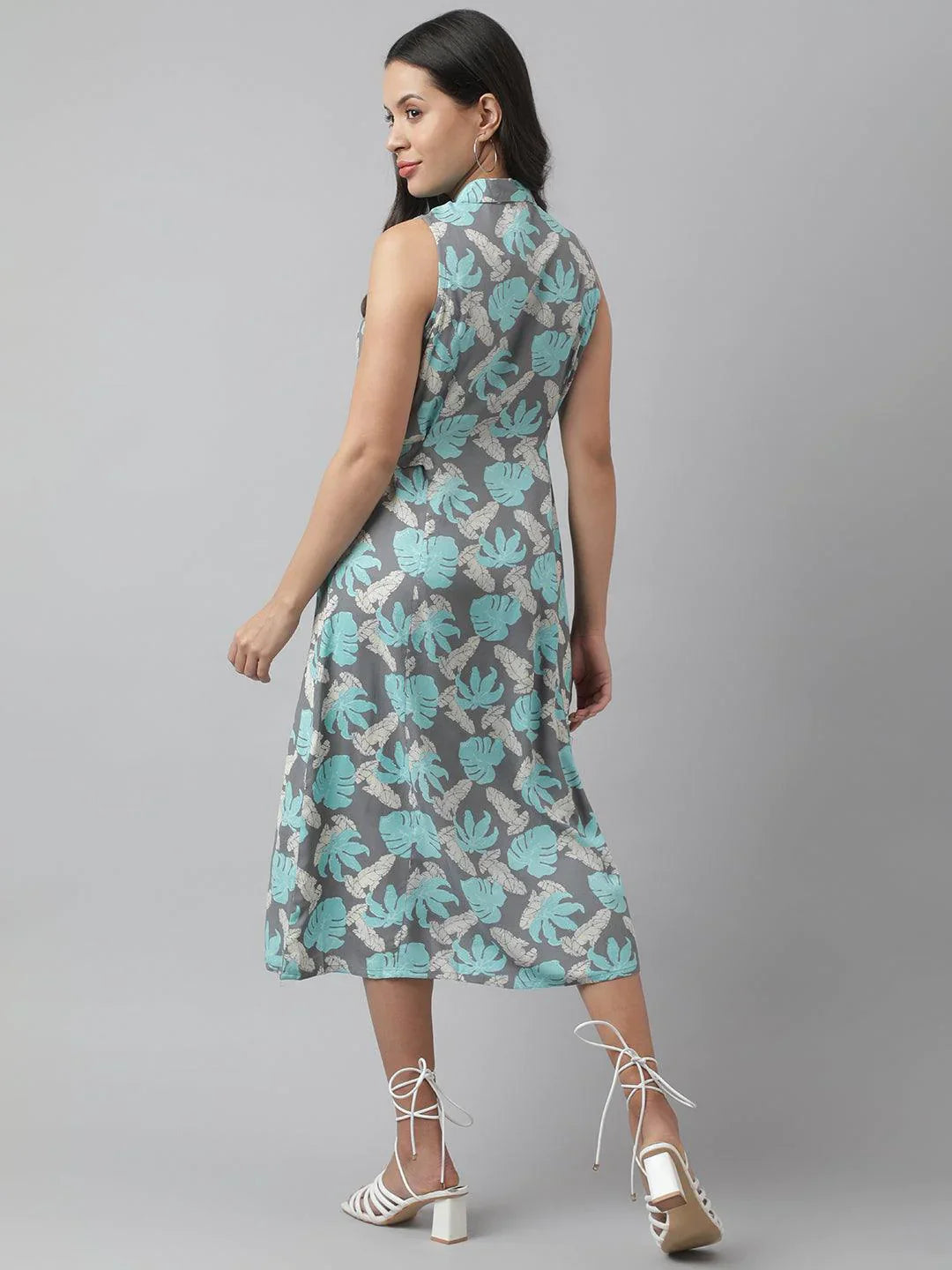 Rayon Grey A-Line Floral Printed Midi Dress