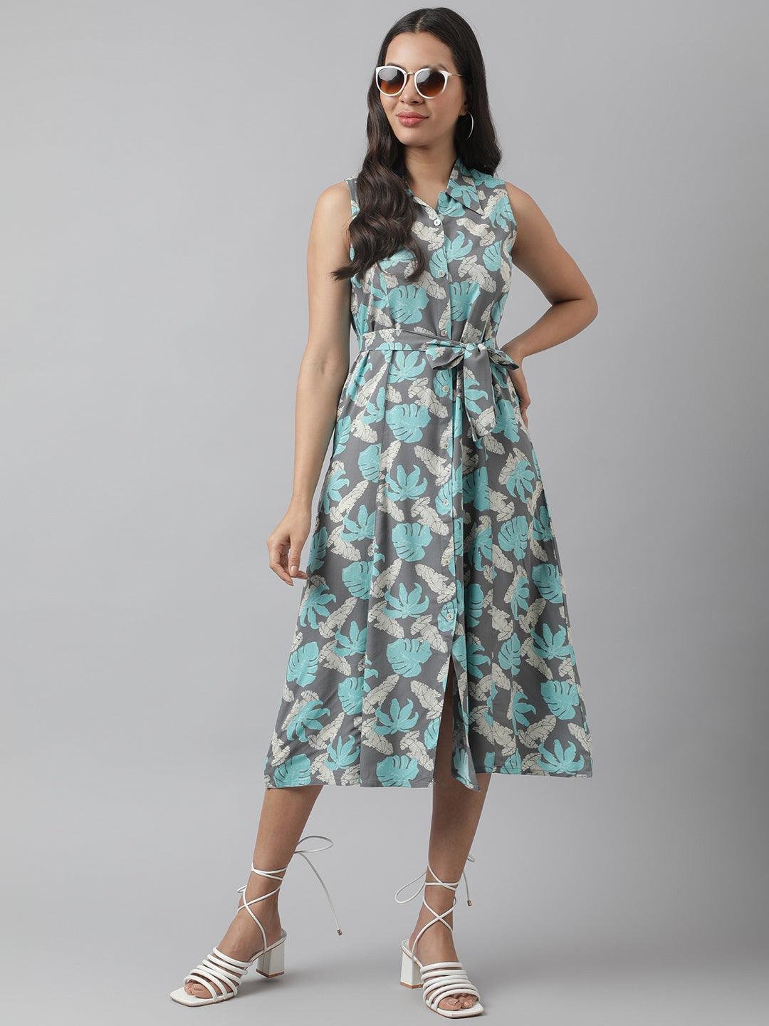 Rayon Grey A-Line Floral Printed Midi Dress