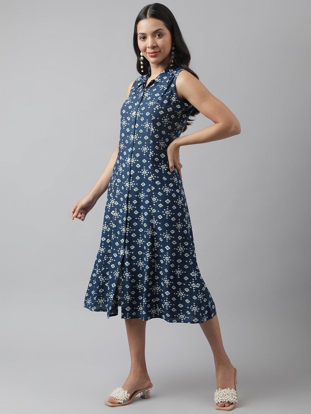 Rayon Teal Blue A-Line Floral Printed Midi Dress