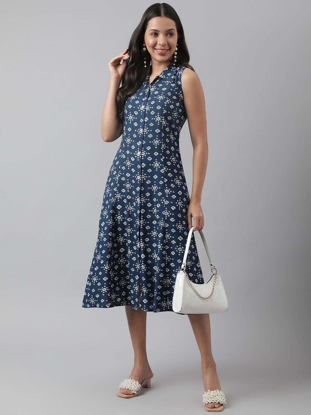 Rayon Teal Blue A-Line Floral Printed Midi Dress