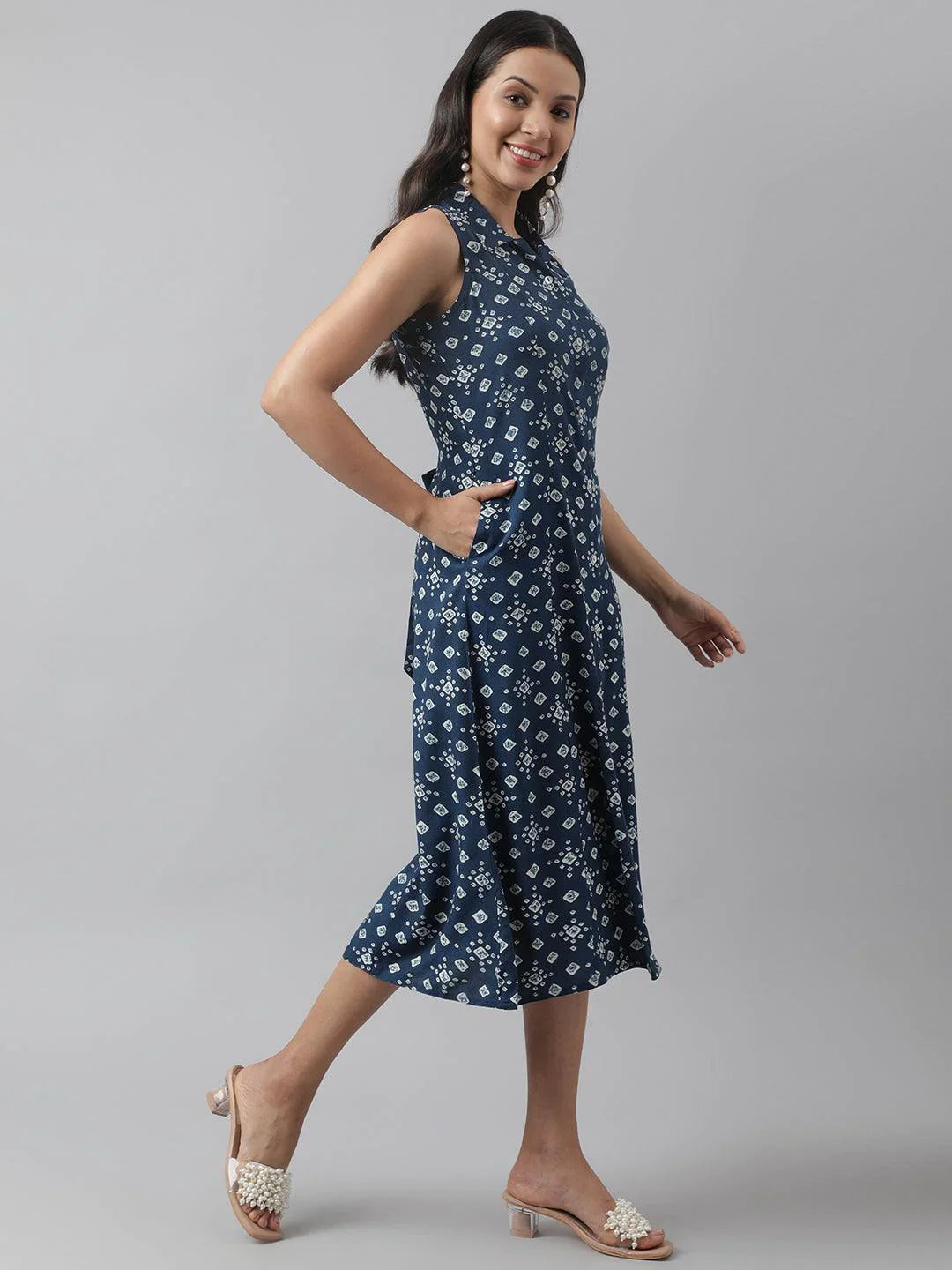 Rayon Teal Blue A-Line Floral Printed Midi Dress