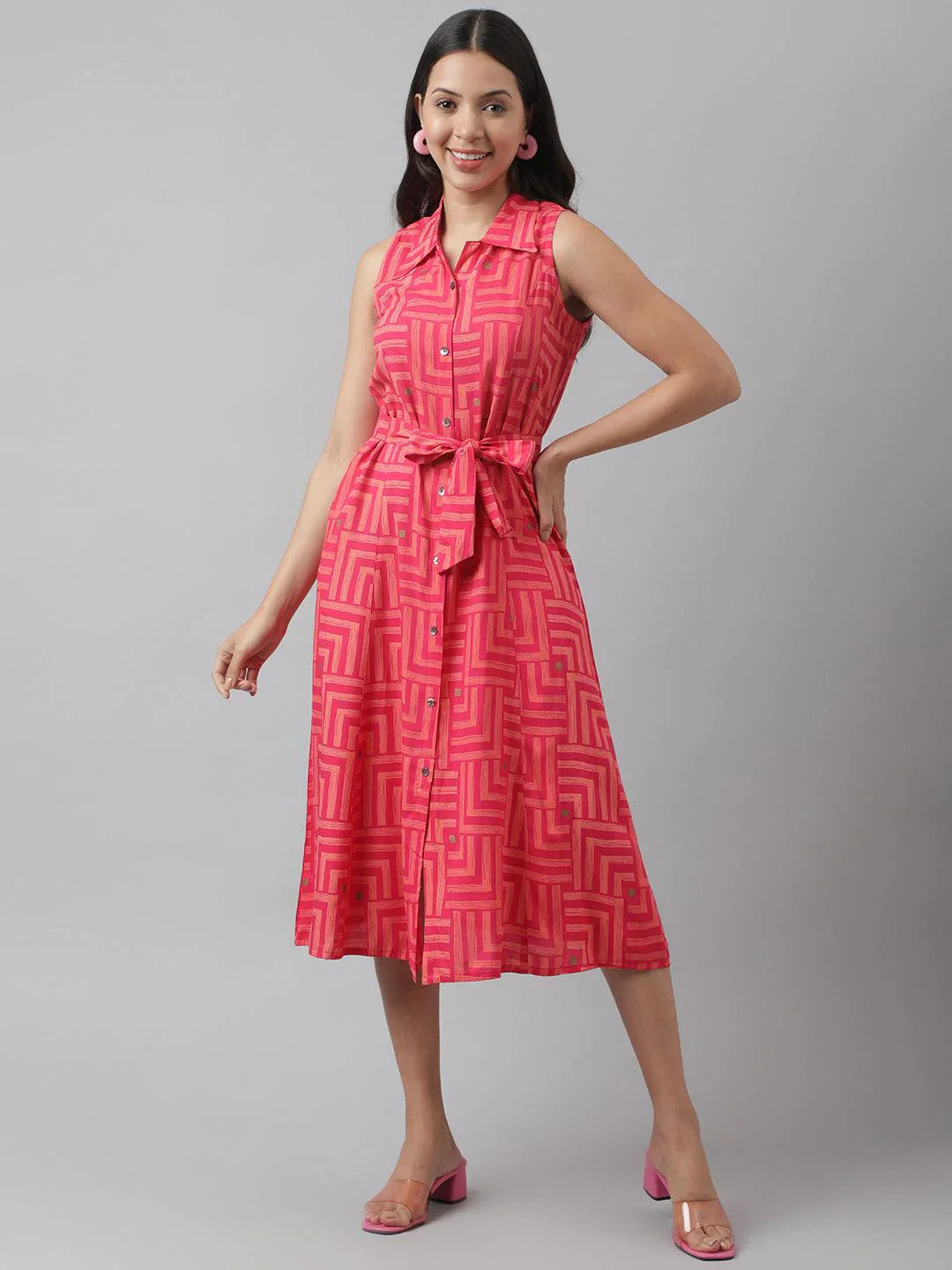 Rayon Pink A-Line Floral Printed Midi Dress