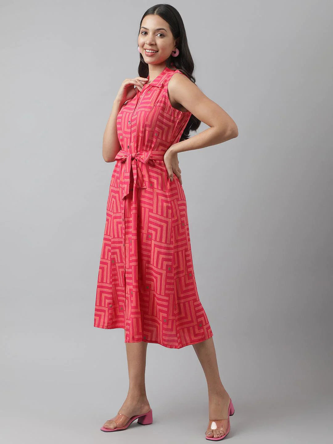 Rayon Pink A-Line Floral Printed Midi Dress
