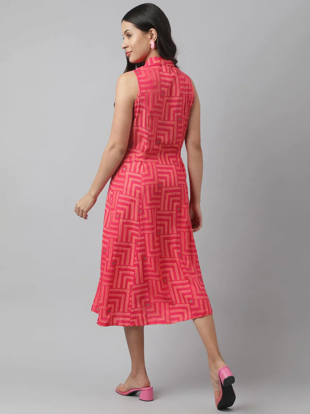 Rayon Pink A-Line Floral Printed Midi Dress