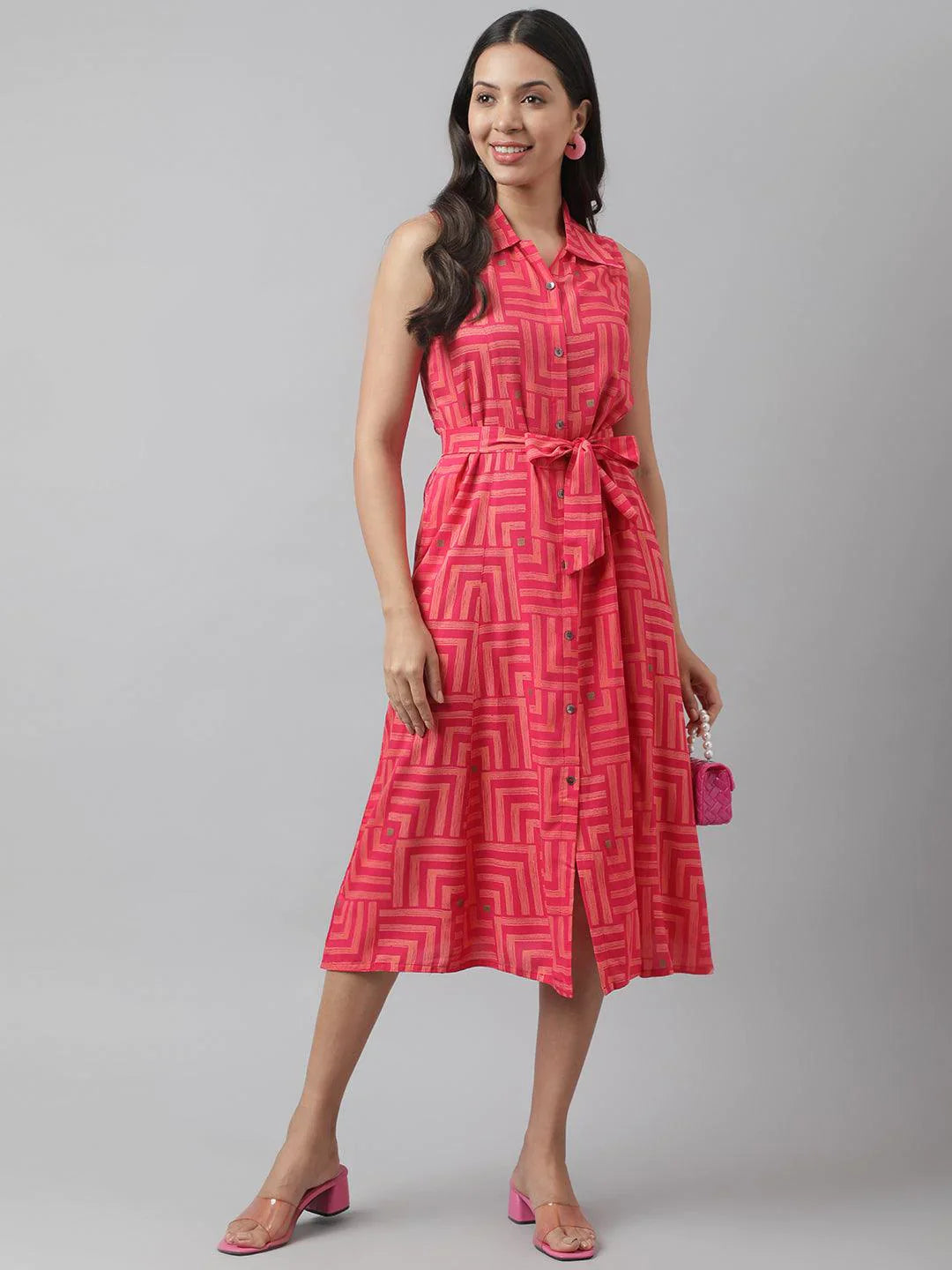 Rayon Pink A-Line Floral Printed Midi Dress