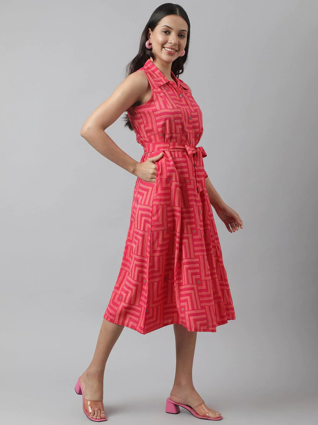 Rayon Pink A-Line Floral Printed Midi Dress