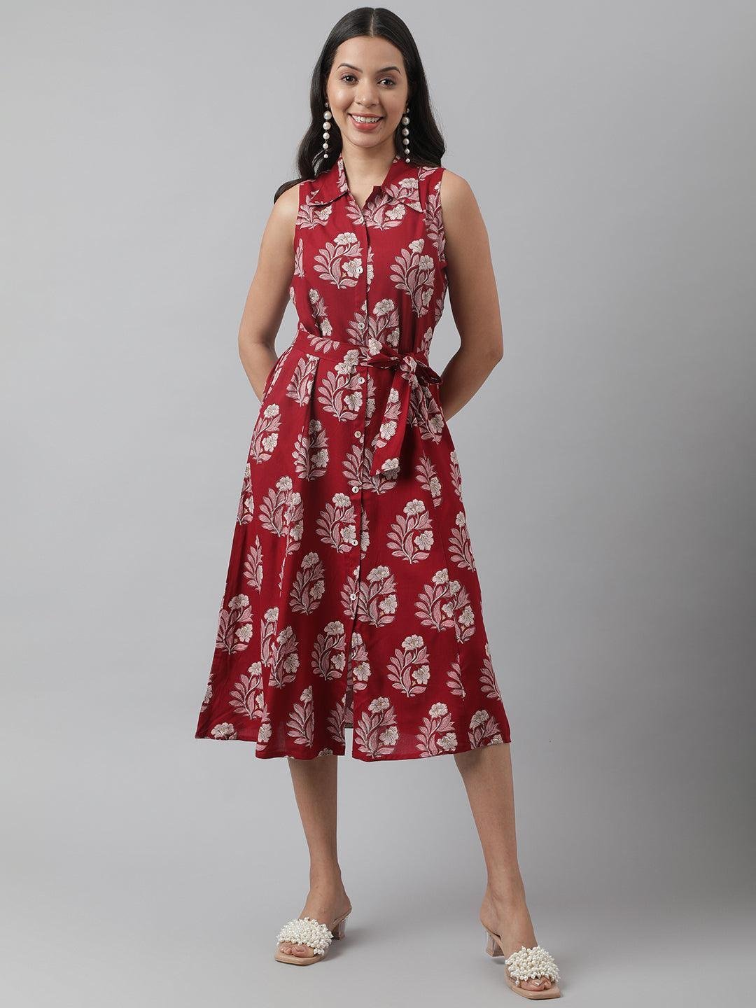 Rayon Maroon &amp; Pink A-Line Floral Printed Midi Dress