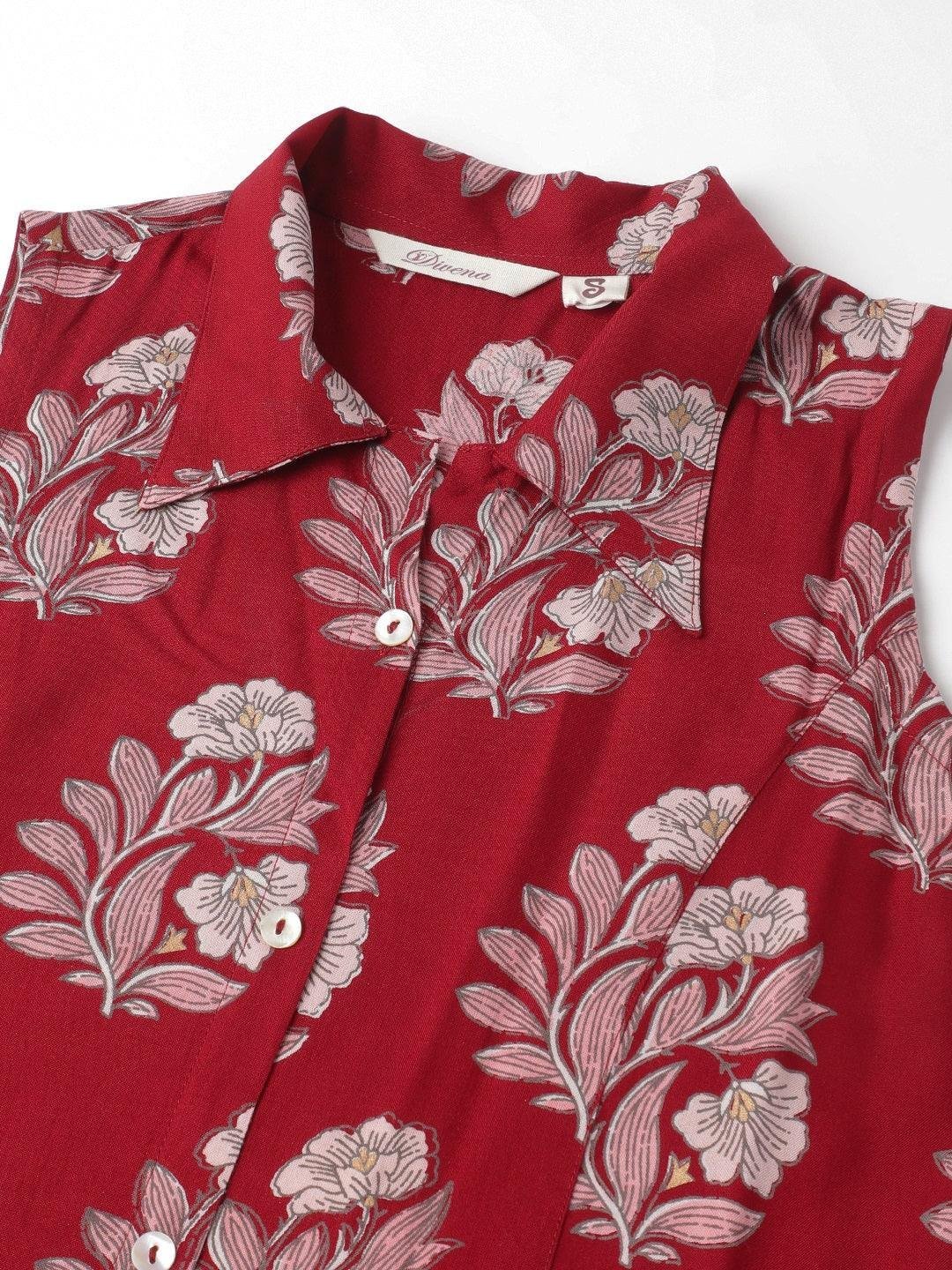 Rayon Maroon &amp; Pink A-Line Floral Printed Midi Dress