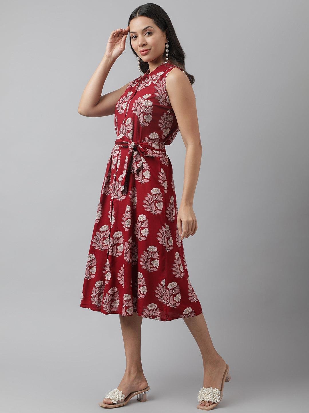 Rayon Maroon &amp; Pink A-Line Floral Printed Midi Dress