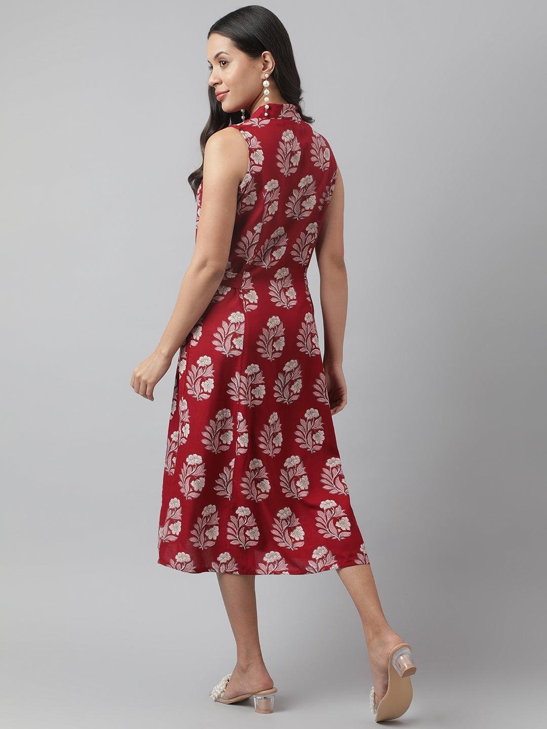 Rayon Maroon &amp; Pink A-Line Floral Printed Midi Dress