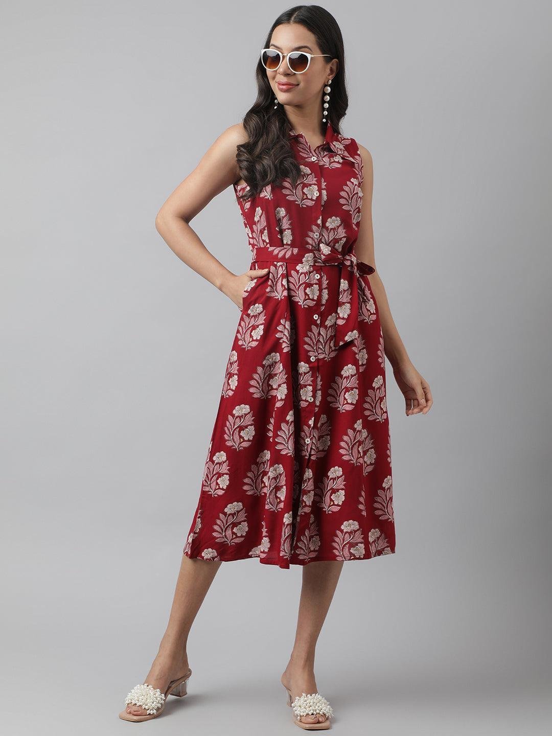 Rayon Maroon &amp; Pink A-Line Floral Printed Midi Dress