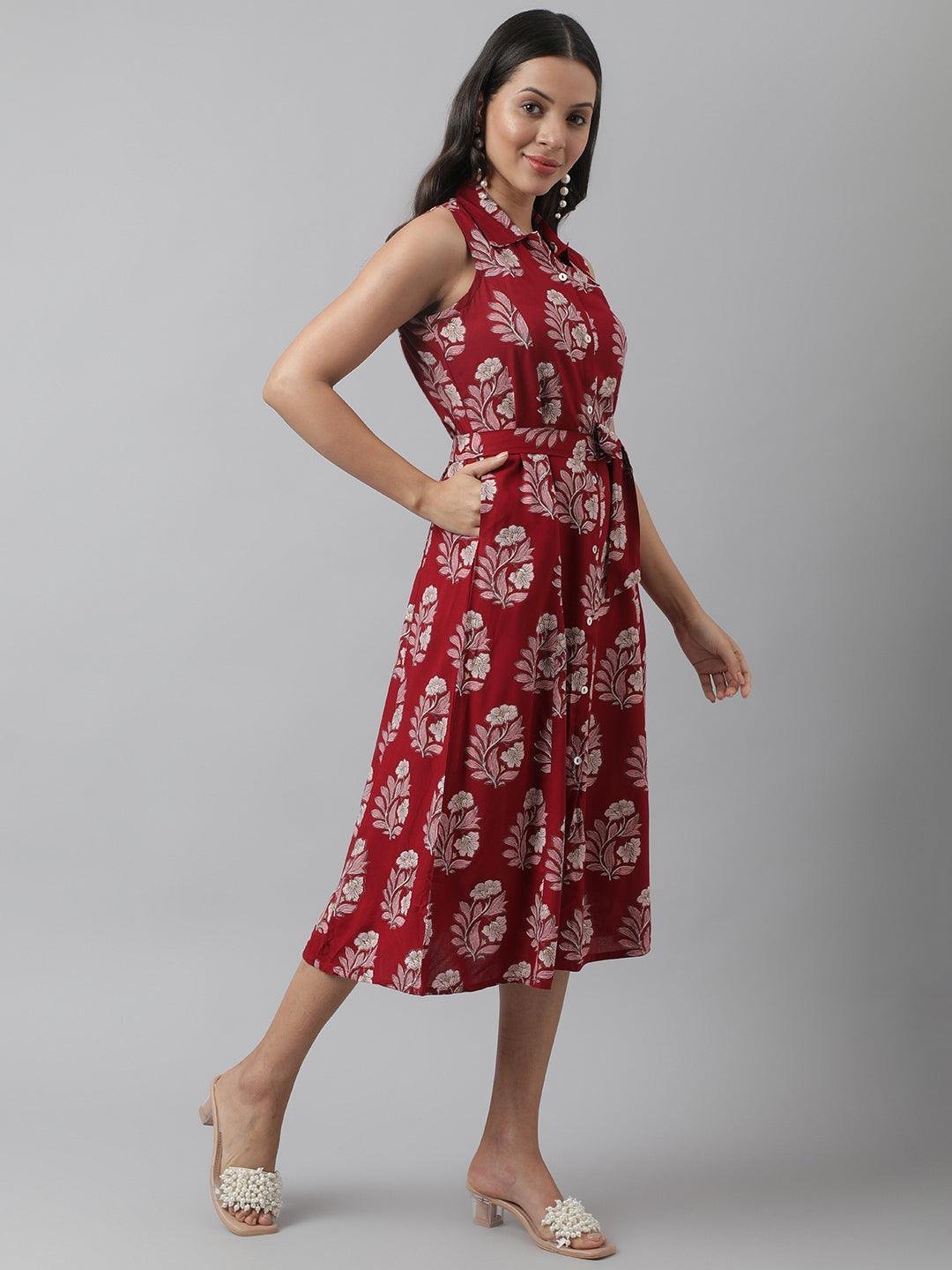 Rayon Maroon &amp; Pink A-Line Floral Printed Midi Dress