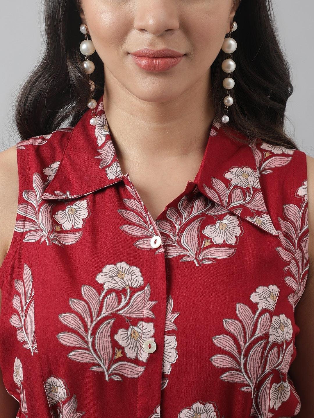 Rayon Maroon &amp; Pink A-Line Floral Printed Midi Dress