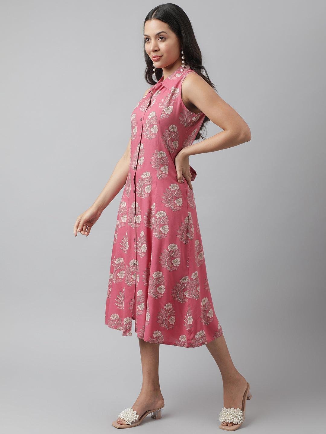 Rayon Rose Pink A-Line Floral Printed Midi Dress