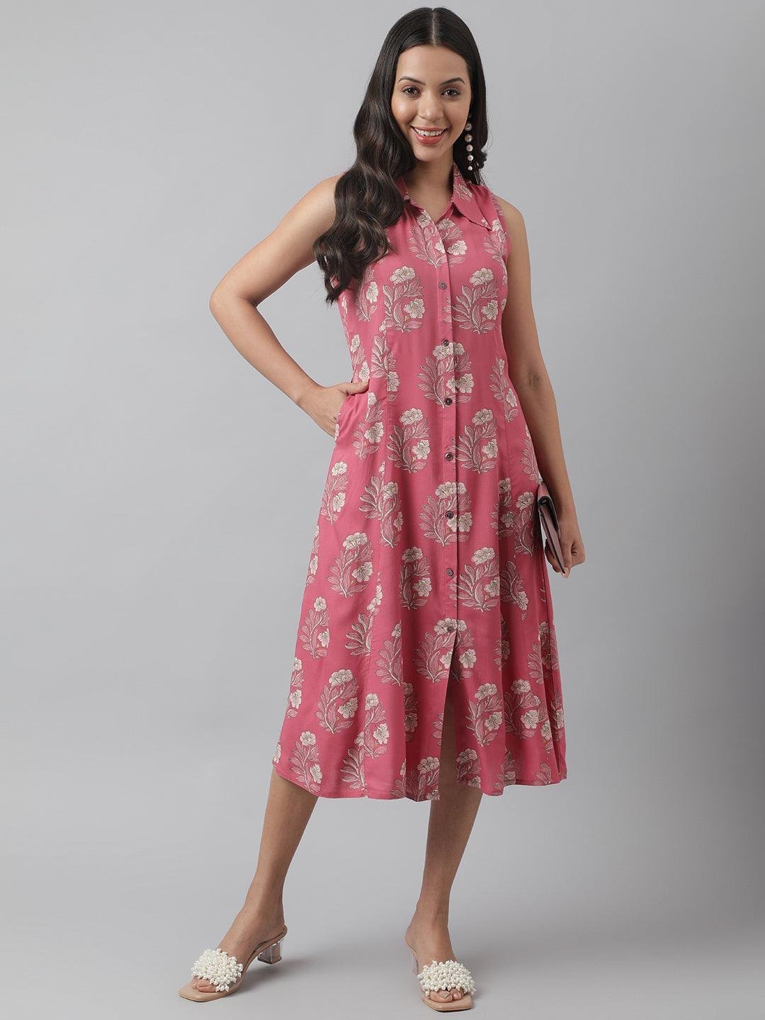 Rayon Rose Pink A-Line Floral Printed Midi Dress