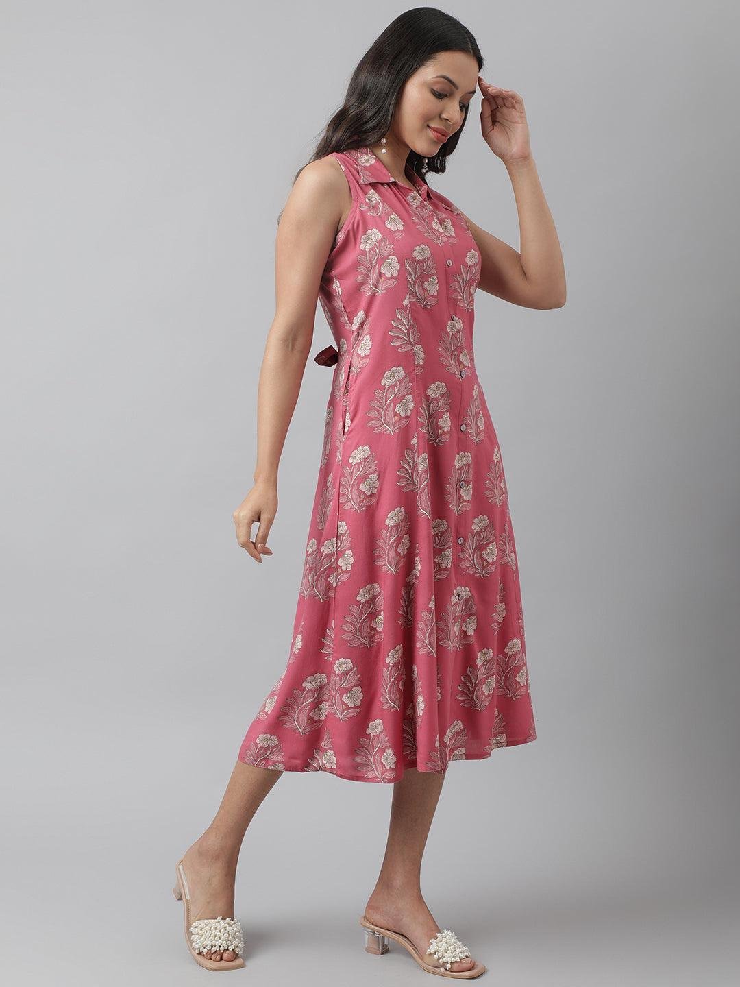 Rayon Rose Pink A-Line Floral Printed Midi Dress