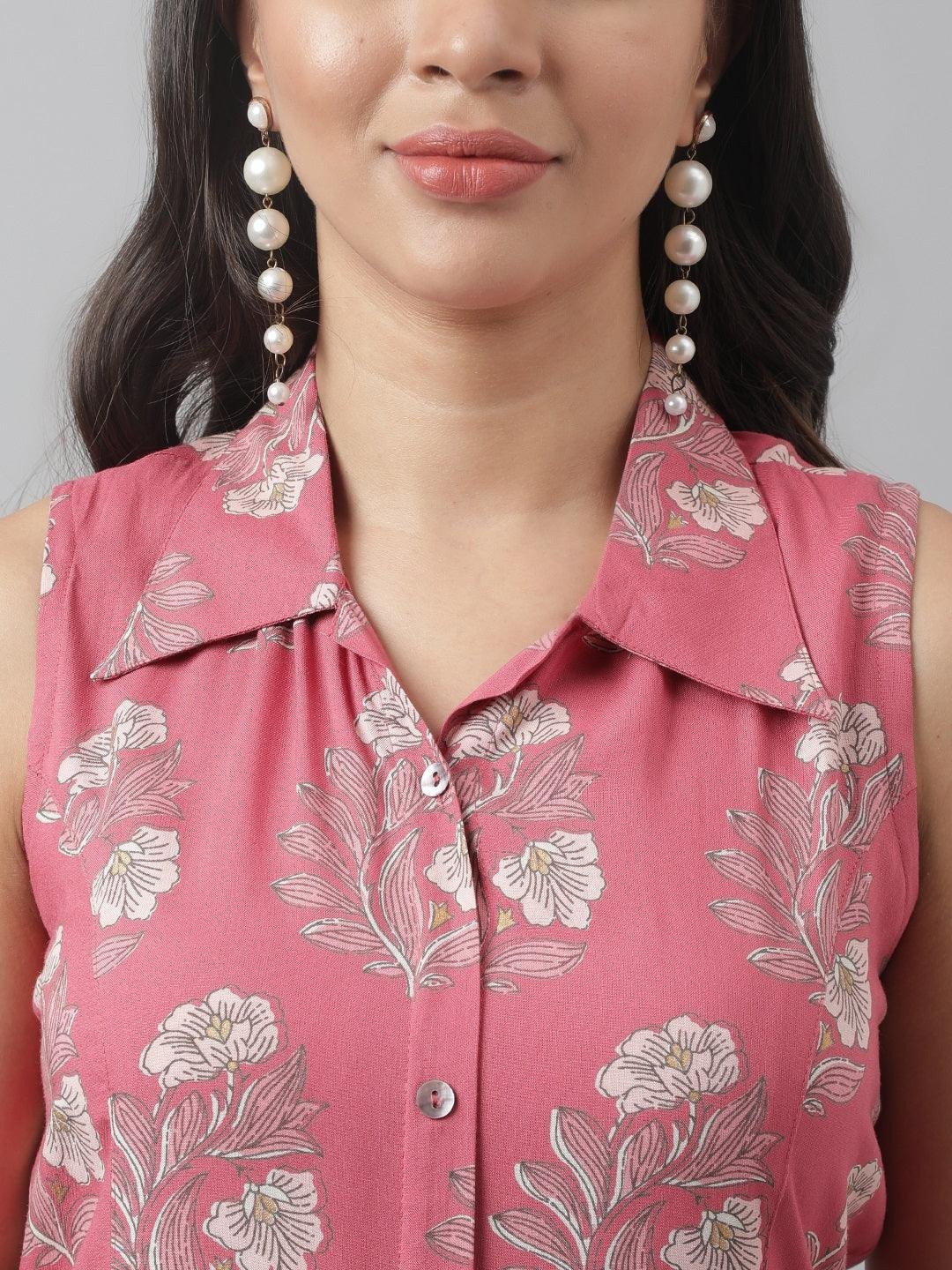 Rayon Rose Pink A-Line Floral Printed Midi Dress