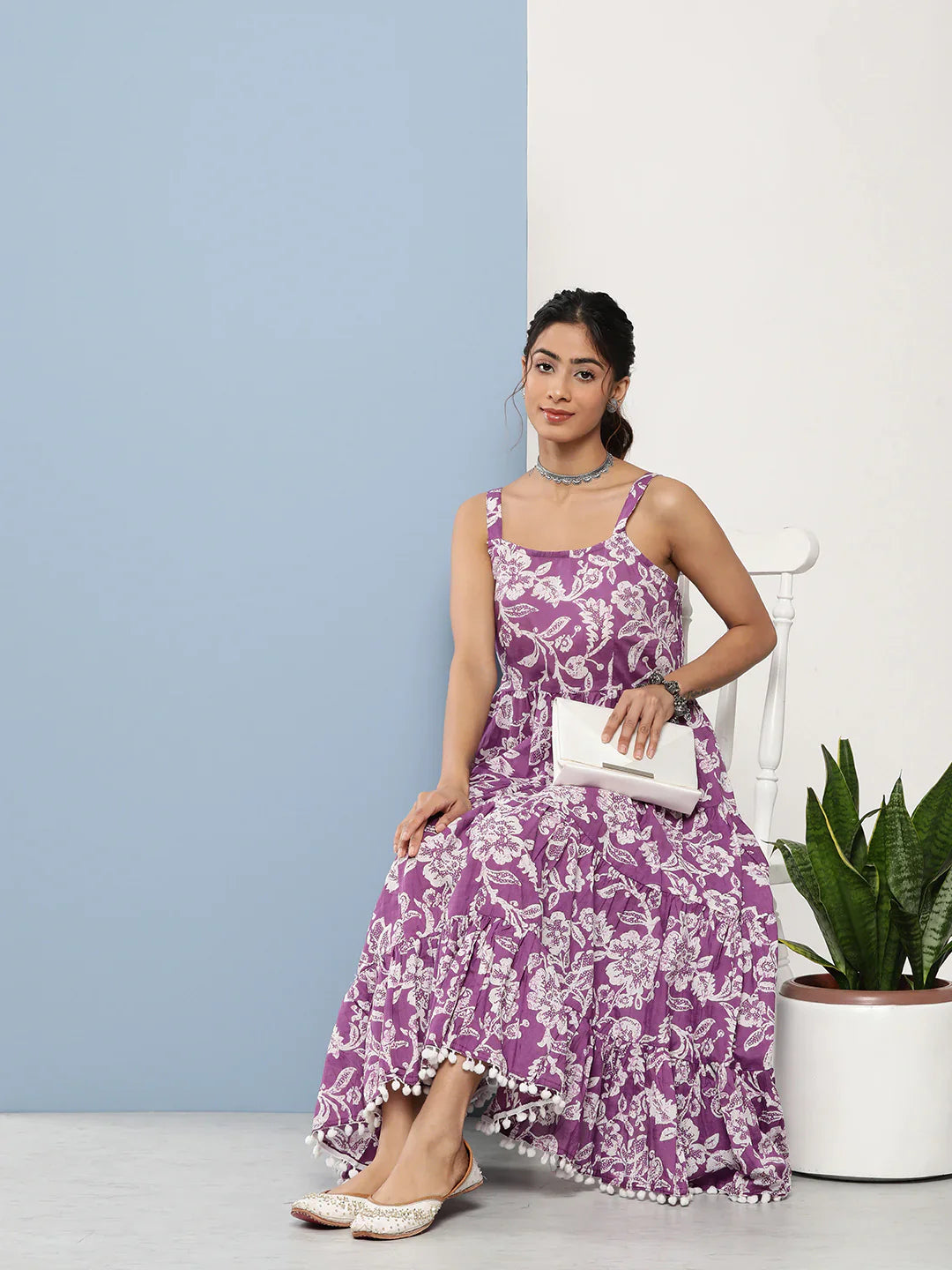 Purple Floral Shoulder Strip Long Dress