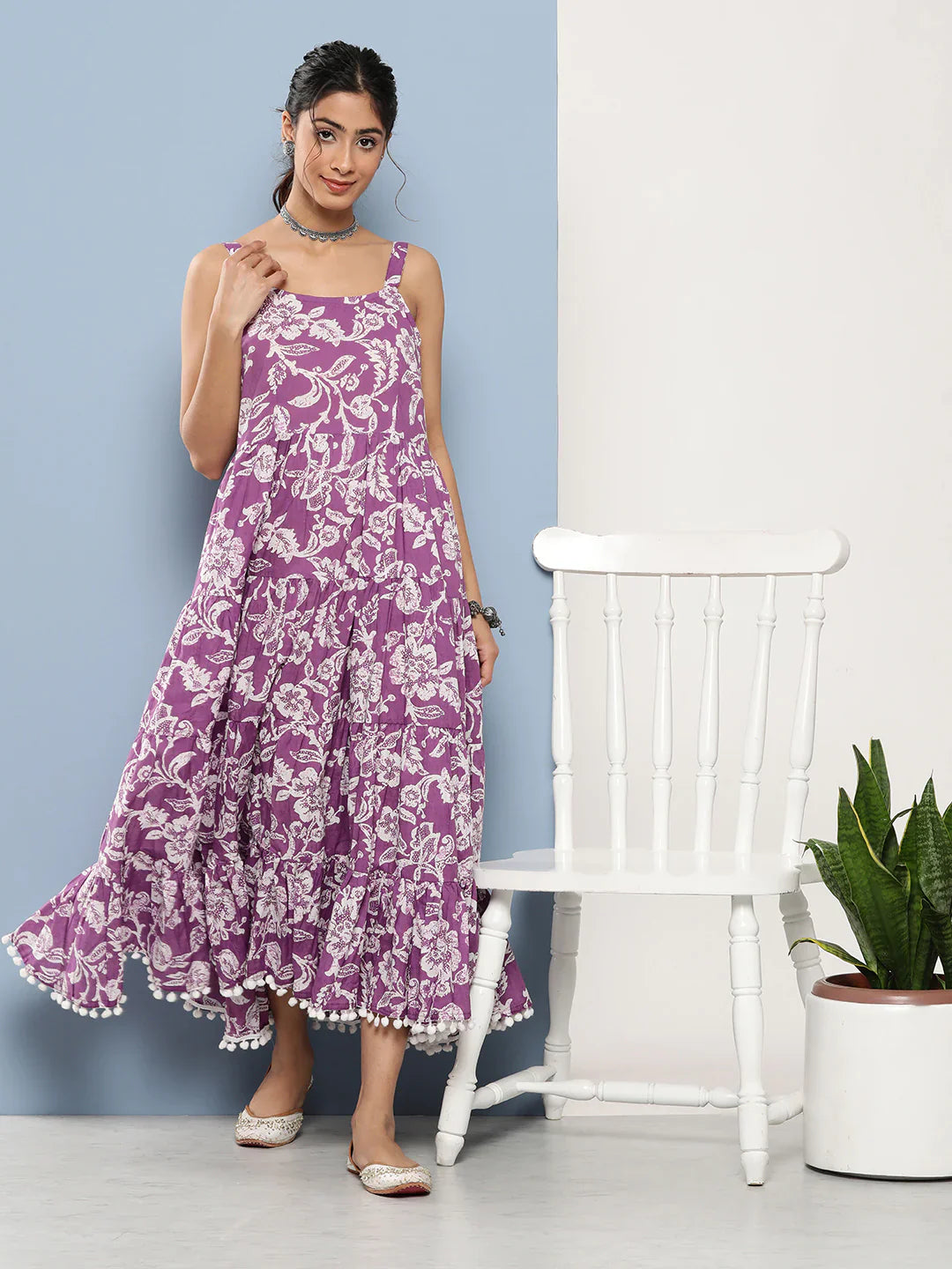 Purple Floral Shoulder Strip Long Dress