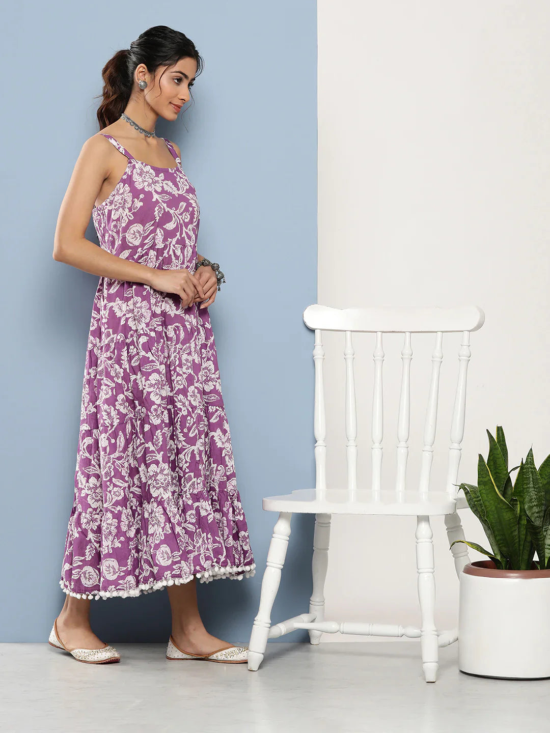 Purple Floral Shoulder Strip Long Dress