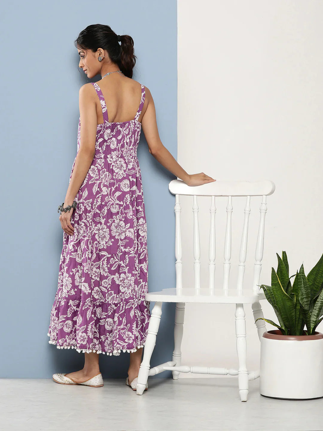 Purple Floral Shoulder Strip Long Dress