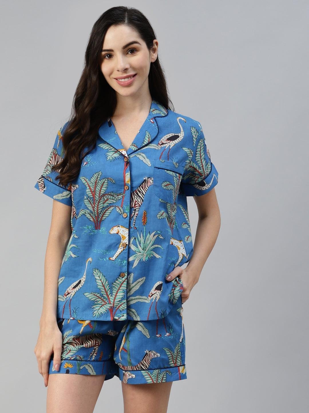 Teal blue Cotton Animal Print Night suit