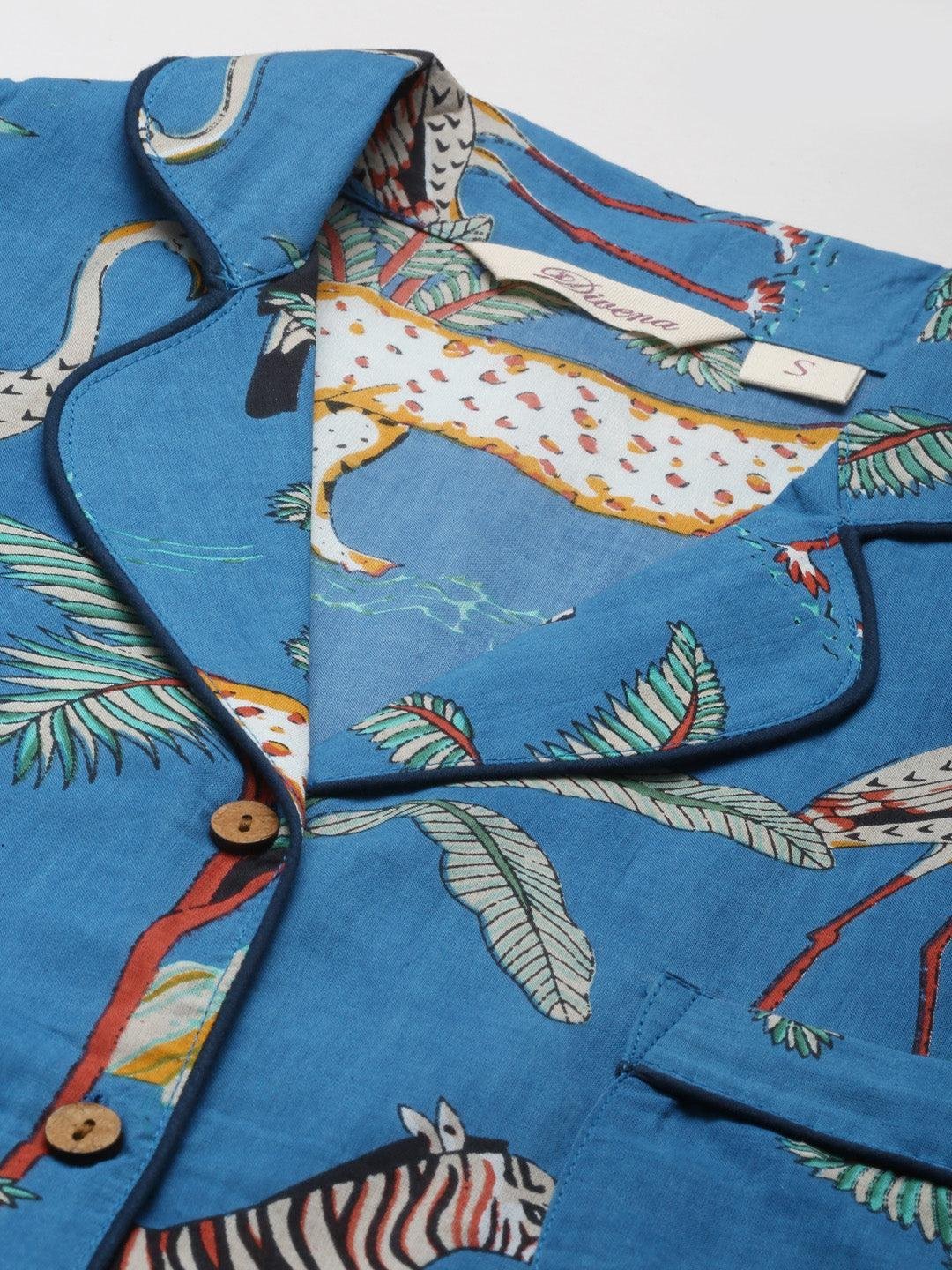 Teal blue Cotton Animal Print Night suit