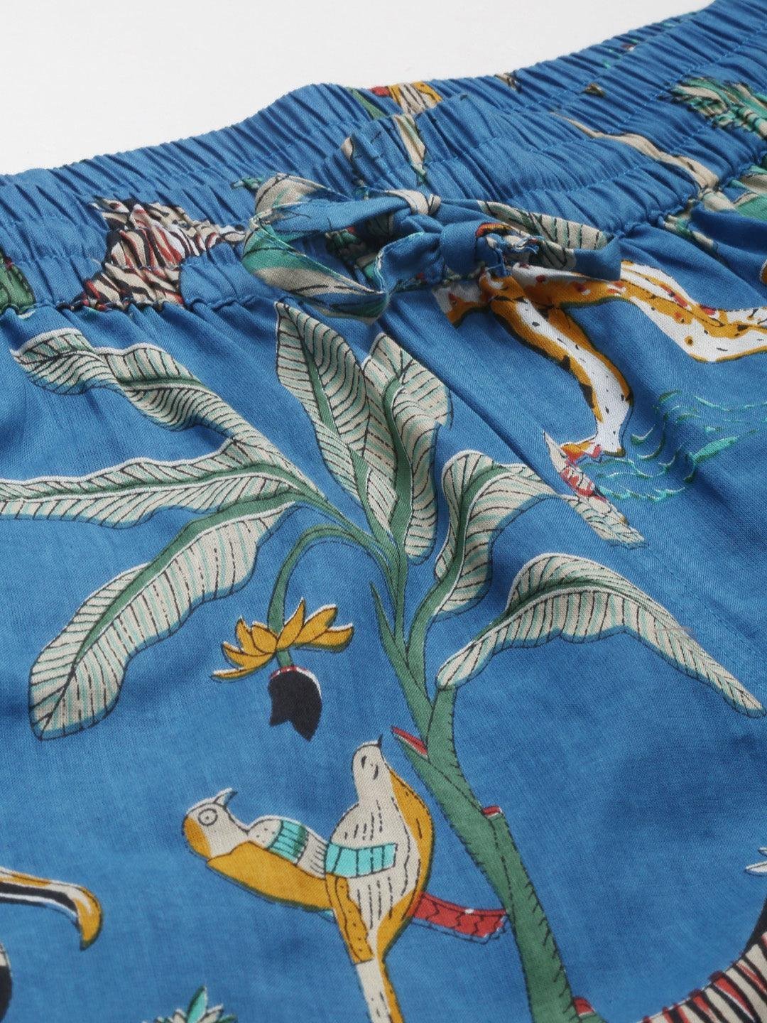 Teal blue Cotton Animal Print Night suit